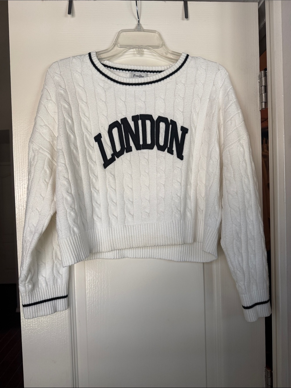 White Academia Style Cable-Knit Cropped Sweater with Navy 'LONDON' Lettering